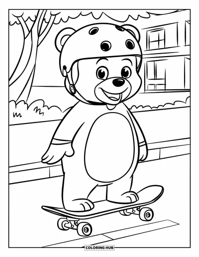 Coloriage de skateboard pour enfants : Un ours casqué debout sur un skateboard près d'un arbre et d'un bâtiment