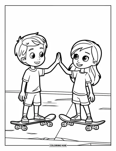 Coloriage de skateboard pour enfants : Un garçon et une fille se tapent dans la main sur leurs skateboards sur du béton