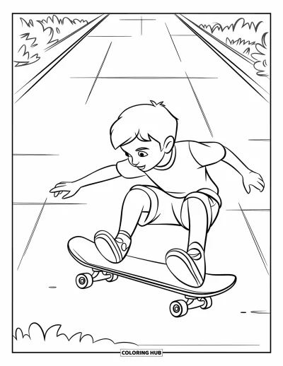 Coloriage de skateboard pour enfants : Un garçon saute avec son skateboard sur un chemin pavé