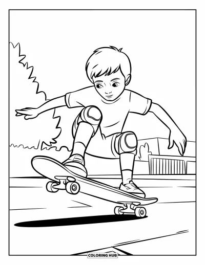 Coloriage de skateboard pour enfants : Un garçon effectue un petit saut en skateboard sur sol plat