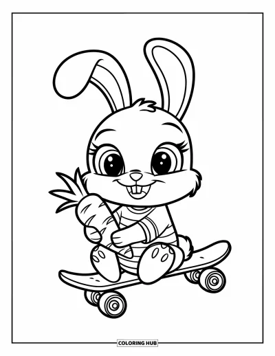 Coloriage de skateboard pour enfants : Un lapin assis sur un skateboard en tenue rayée tenant une carotte