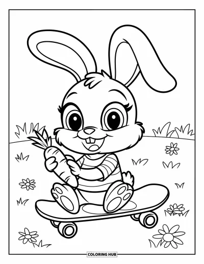 Coloriage de skateboard pour enfants : Un lapin aux grands yeux assis sur un skateboard tenant une carotte