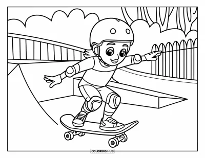 Coloriage de skateboard pour enfants : Un enfant skate près d'une petite rampe avec des arbres et une clôture