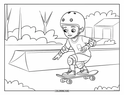 Coloriage de skateboard pour enfants : Un enfant casqué skate près d'une rampe entourée d'arbres
