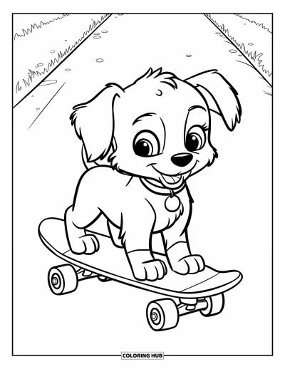 Coloriage de skateboard pour enfants : Un chiot aux oreilles tombantes et à collier fait du skateboard sur un chemin