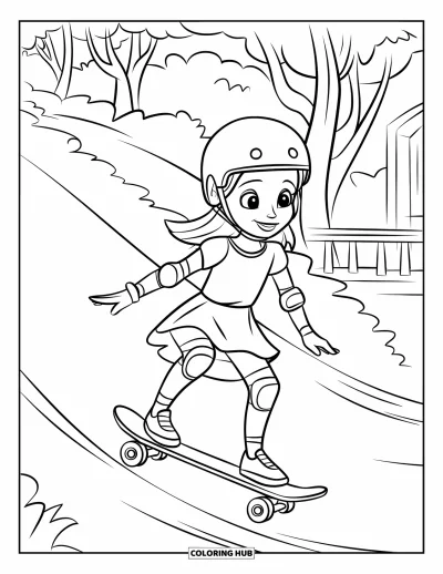 Coloriage de skateboard pour enfants : Une fille en robe descend une pente en skateboard avec des arbres et un bâtiment