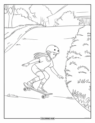 Coloriage de skateboard pour enfants : Une fille casquée descend une pente herbeuse près des arbres en skateboard