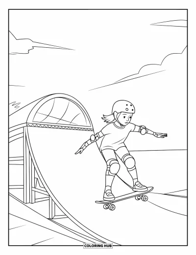 Coloriage de skateboard pour enfants : Une fille dévale un half-pipe au sommet arrondi sur son skateboard