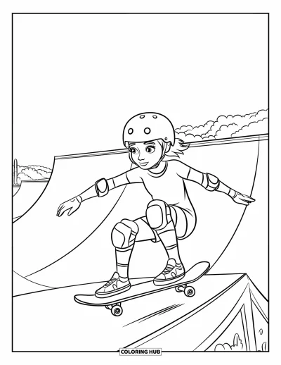Coloriage de skateboard pour enfants : Une fille dévale un half-pipe sur son skateboard avec des rampes autour