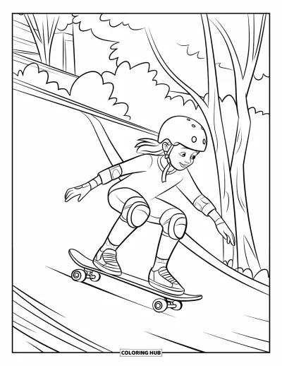 Coloriage de skateboard pour enfants : Une fille casquée fait du skateboard sur une pente douce