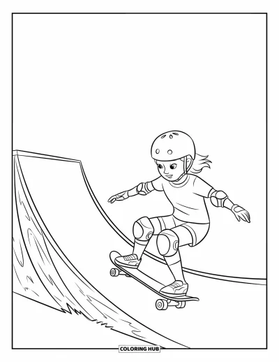 Coloriage de skateboard pour enfants : Une fille casquée descend une rampe de half-pipe en skateboard