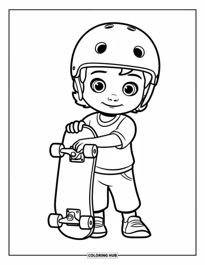 Coloriage de skateboard pour enfants : Un enfant casqué tient un skateboard à côté de lui
