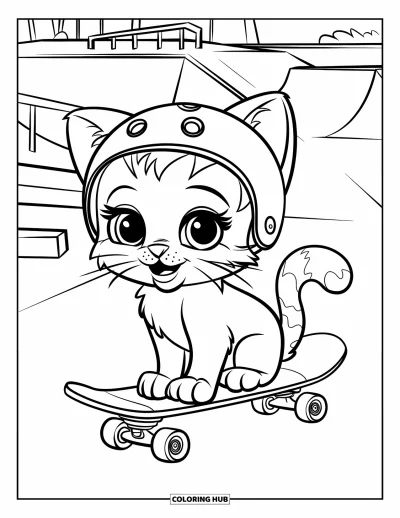 Coloriage de skateboard pour enfants : Un chaton casqué assis sur un skateboard au skatepark