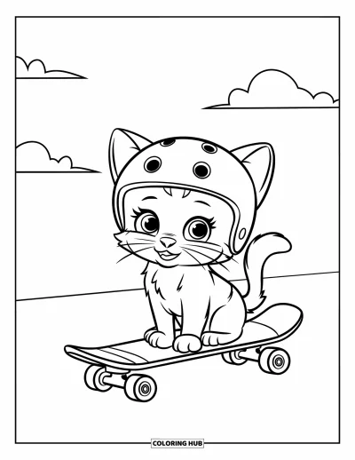 Coloriage de skateboard pour enfants : Un chaton casqué assis sur un skateboard sous le ciel