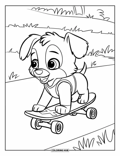 Coloriage de skateboard pour enfants : Un chiot en gilet fait du skateboard sur un chemin herbeux