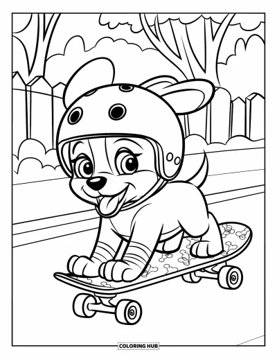 Coloriage de skateboard pour enfants : Un chiot casqué fait du skateboard près d'arbres et d'une clôture