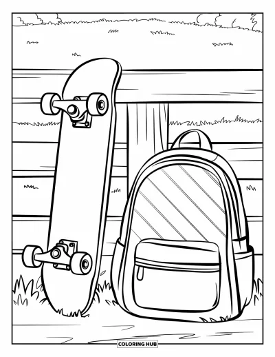 Coloriage de skateboard pour enfants : Un skateboard et un sac à dos appuyés contre une clôture près d'un pré verdoyant
