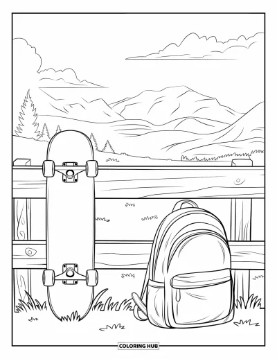 Coloriage de skateboard pour enfants : Un skateboard et un sac à dos appuyés contre une clôture avec des montagnes en arrière-plan