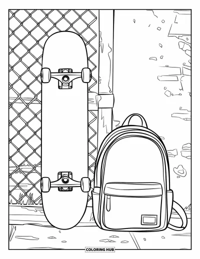 Coloriage de skateboard pour enfants : Un skateboard appuyé contre une clôture avec un sac à dos à côté