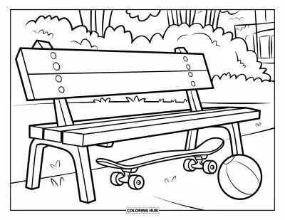 Coloriage de skateboard pour enfants : Un skateboard posé sous un banc de parc avec un ballon à proximité