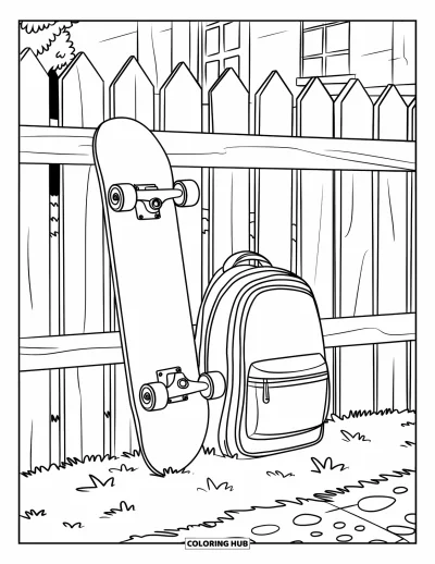 Coloriage de skateboard pour enfants : Un skateboard avec un sac à dos appuyé contre une clôture près d'un bâtiment