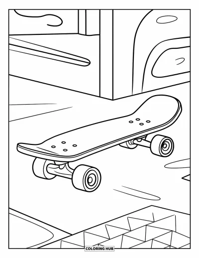 Coloriage de skateboard pour enfants : Un skateboard aux grandes roues posé sur le sol