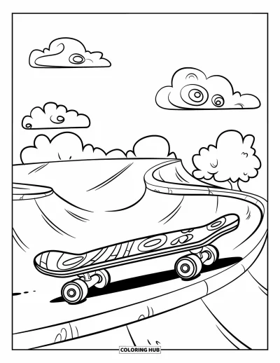 Coloriage de skateboard pour enfants : Un skateboard décoré de motifs posé sur une rampe sous des nuages rigolos