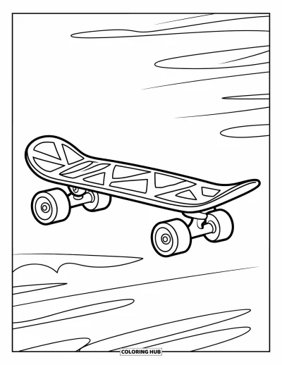Coloriage de skateboard pour enfants : Un skateboard aux roues souriantes repose sur le sol