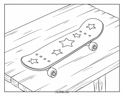 Coloriage de skateboard pour enfants : Un skateboard orné d'autocollants étoilés posé sur une surface en bois