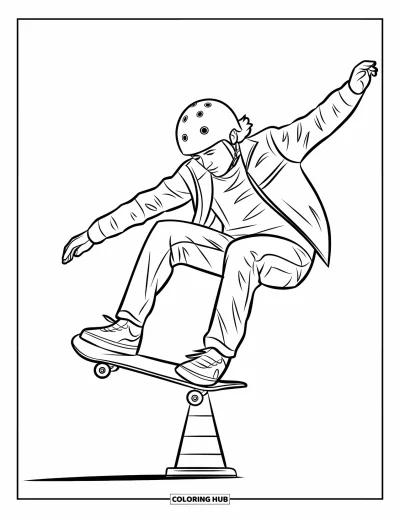 Coloriage de skateboard pour enfants : Un skateur fait un ollie par-dessus un petit cône