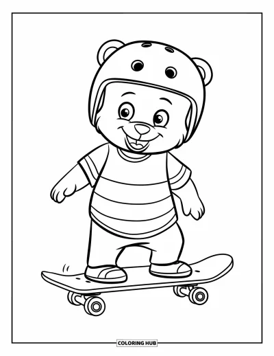Coloriage de skateboard pour enfants : Un ours souriant en chemise rayée se tient debout sur un skateboard