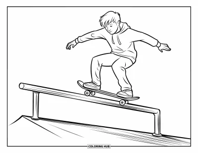 Coloriage de skateboard pour enfants : Un ado fait un grind sur une barre avec son skateboard