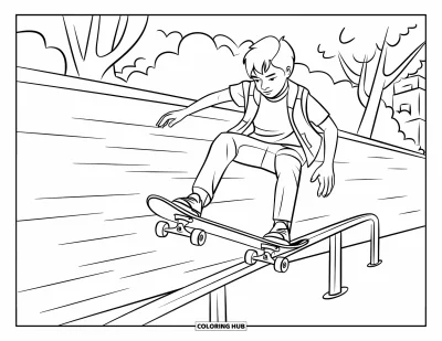 Coloriage de skateboard pour enfants : Un ado fait du skateboard sur une barre de glisse près d'un mur en briques et des arbres