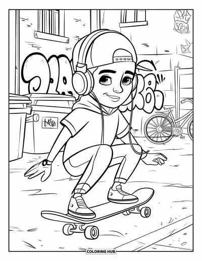 Coloriage de skateboard pour enfants : Un ado avec une casquette et des écouteurs skate dans une ruelle taguée