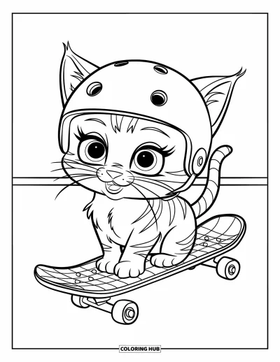 Coloriage de skateboard pour enfants : Un chaton aux grands yeux avec un casque assis sur un skateboard à damiers