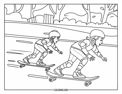 Coloriage de skateboard pour enfants : Deux enfants font la course en skateboard avec des lignes de vitesse derrière eux