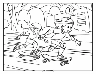 Coloriage de skateboard pour enfants : Deux enfants filent sur leurs skateboards avec des arbres, des bâtiments et un arc-en-ciel