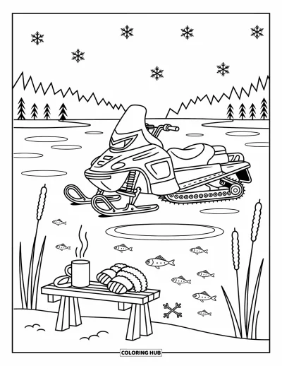 Coloriage de motoneige pour adultes : Une scène hivernale douillette au bord d'un lac gelé avec une motoneige, un banc, des trous de pêche et des massettes