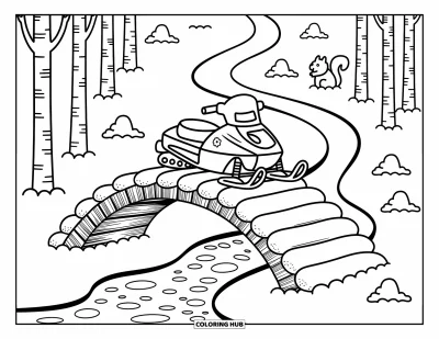 Coloriage de motoneige pour adultes : Une motoneige traverse un pont en bois dans la neige avec des arbres et un écureuil tapi à proximité