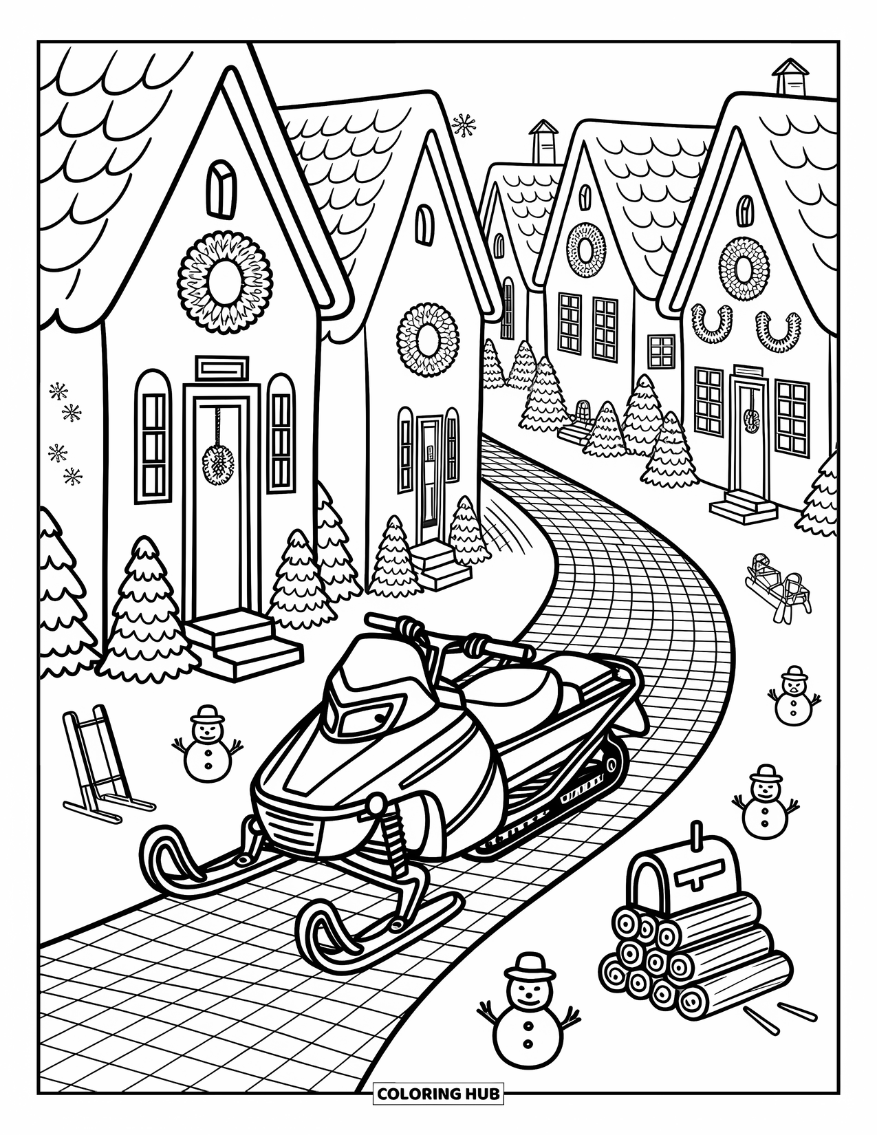 Snowmobile Coloring Page for Adults: A snowmobile drives through a cozy village street with snowmen, lights, and mitten-shaped mailboxes