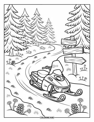 Coloriage de motoneige pour adultes : Une motoneige traverse une forêt de pins enneigée avec des traces d'animaux et un marqueur de sentier