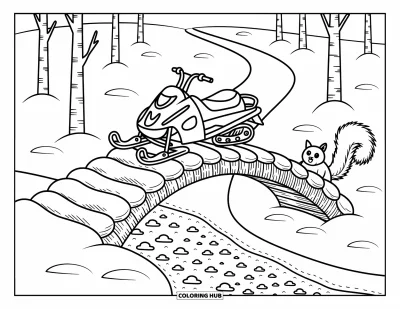 Coloriage de motoneige pour adultes : Une motoneige glisse sur un pont enneigé tandis qu'un écureuil pointe le bout du nez derrière un tronc