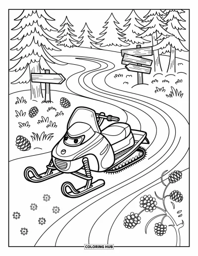 Coloriage de motoneige pour adultes : Une motoneige glisse dans des bois enneigés devant des pommes de pin, des empreintes et un poteau indicateur en bois