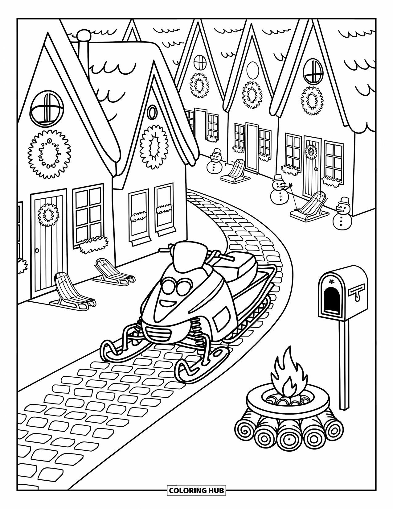 Snowmobile Coloring Page for Adults: A snowmobile moves through a snowy village with glowing lights and cute holiday touches