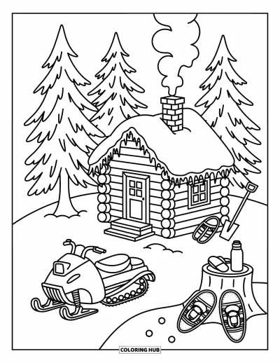 Coloriage de motoneige pour adultes : Une motoneige se repose à côté d'un chalet enneigé avec des pins, de la fumée et des détails hivernaux soignés