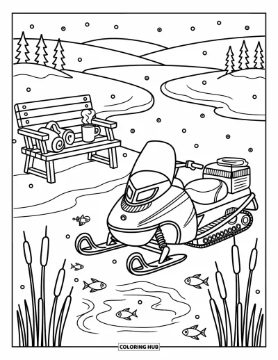 Coloriage de motoneige pour adultes : Une motoneige se repose au bord d'un lac gelé avec un banc, une boisson chaude et des trous de pêche