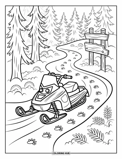 Coloriage de motoneige pour adultes : Une motoneige roule entre des pins avec des traces d'animaux, des baies et un panneau de sentier en bois