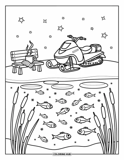 Coloriage de motoneige pour adultes : Une motoneige est posée près d'un lac avec des trous de pêche, de la neige qui tombe et des équipements d'hiver bien emballés