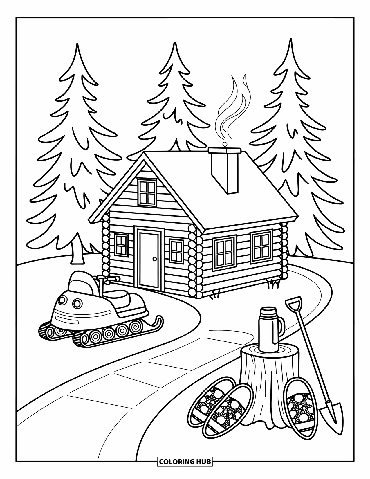 Snowmobile Coloring Page for Adults: A snowmobile sits near a wooden cabin with smoke, mittens, and cozy winter gear