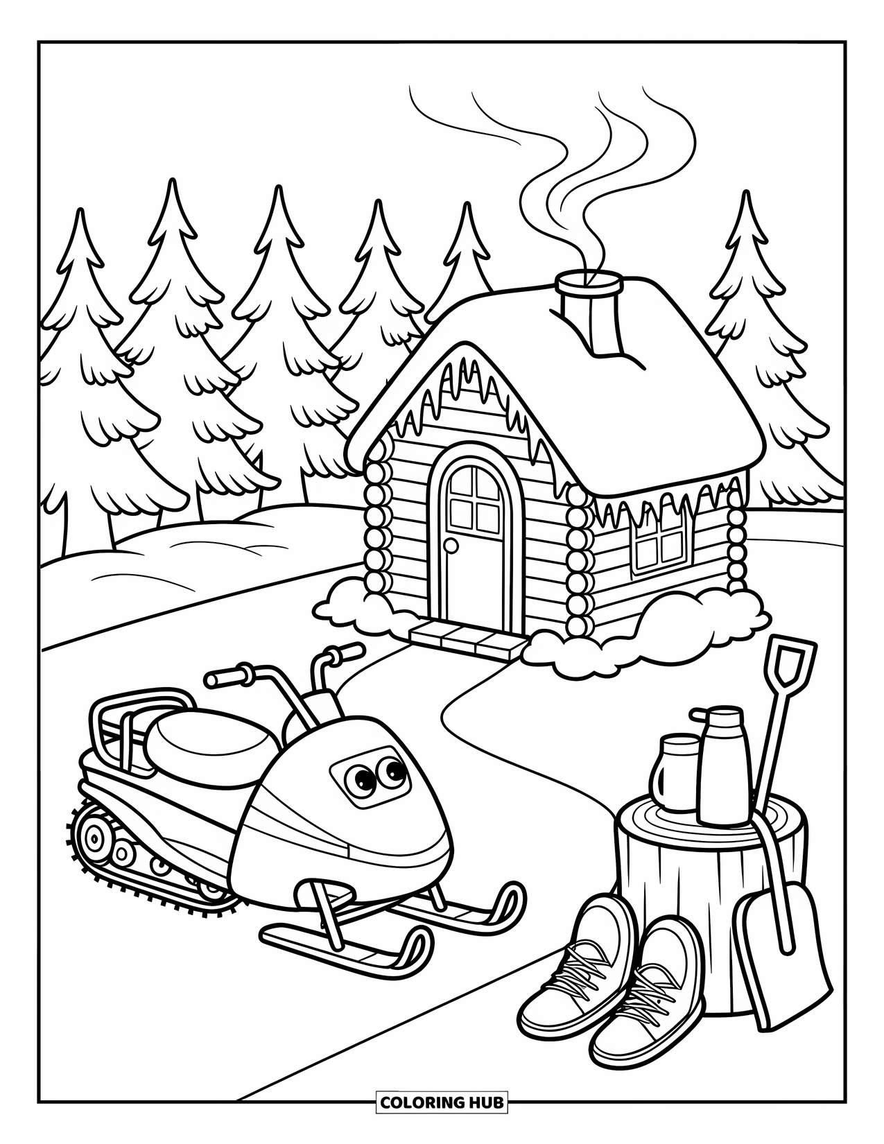 Snowmobile Coloring Page for Adults: A snowmobile waits near a snowy log cabin with warm smoke and playful winter props